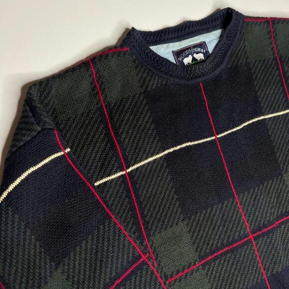 Vintage Woods & Gray Plaid Cotton Sweater Men’s Size L Black Green Red 90s Style - Picture 10 of 11